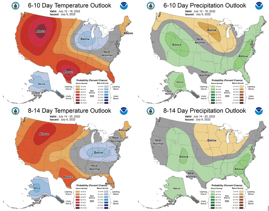 The 6-10 day (July 12-16, top) and 8-14 day (July 14-20, bottom) outlooks for temperature (left) and precipitation (right).